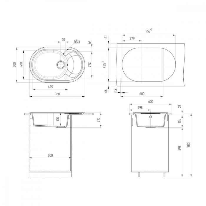 Мойка кухонная Ulgran U-610 U-610-310, 78 см, цвет серый