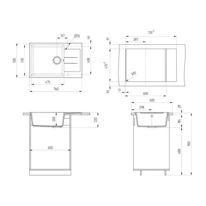 Мойка кухонная Ulgran U-602 U-602-310, 76 см, цвет серый