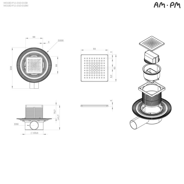 W01BD-P11-010-01BM MasterFlow Трап для душа точечный универс затвор Cut Gradient 10см цвет черн мат