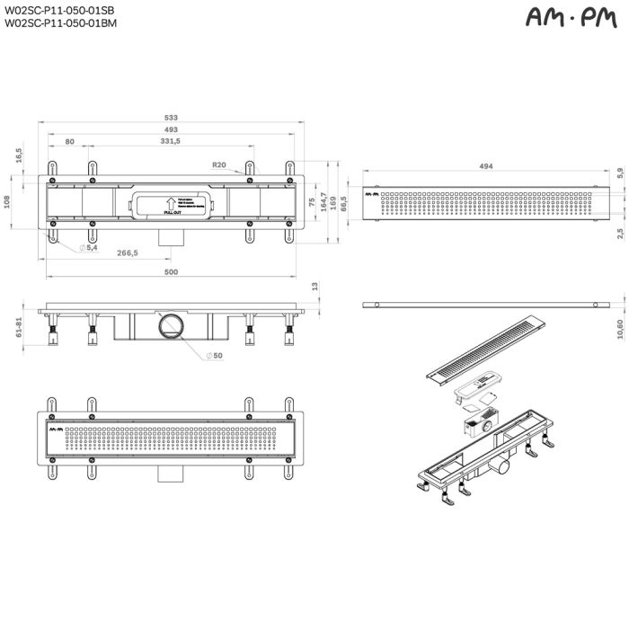 W02SC-P11-050-01BM PrimeFlow Трап для душа линейный универс затвор Cut Gradient 50см цвет черн мат