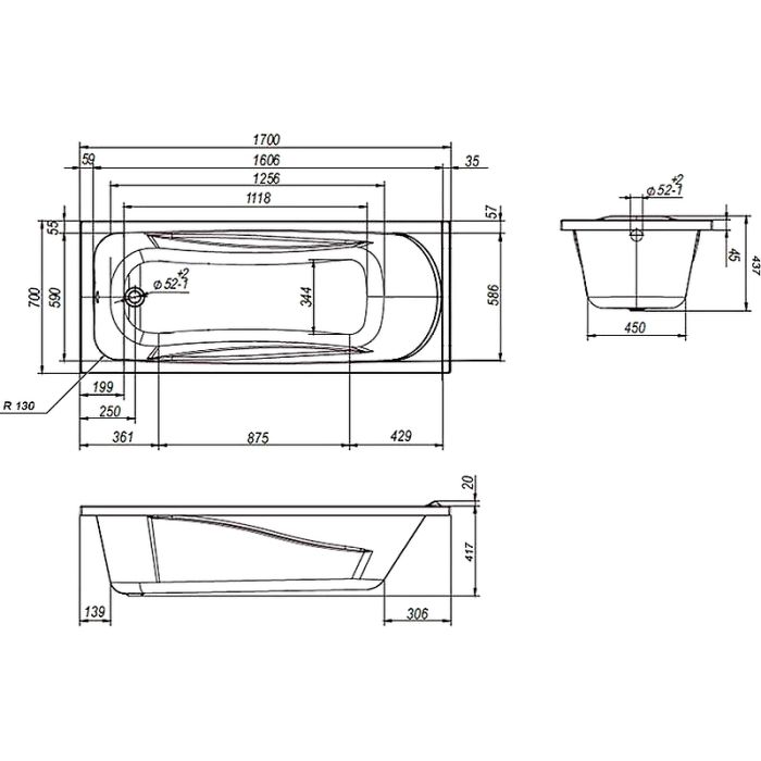 W76A-170-070W-A Sense New, ванна акриловая A0 170x70