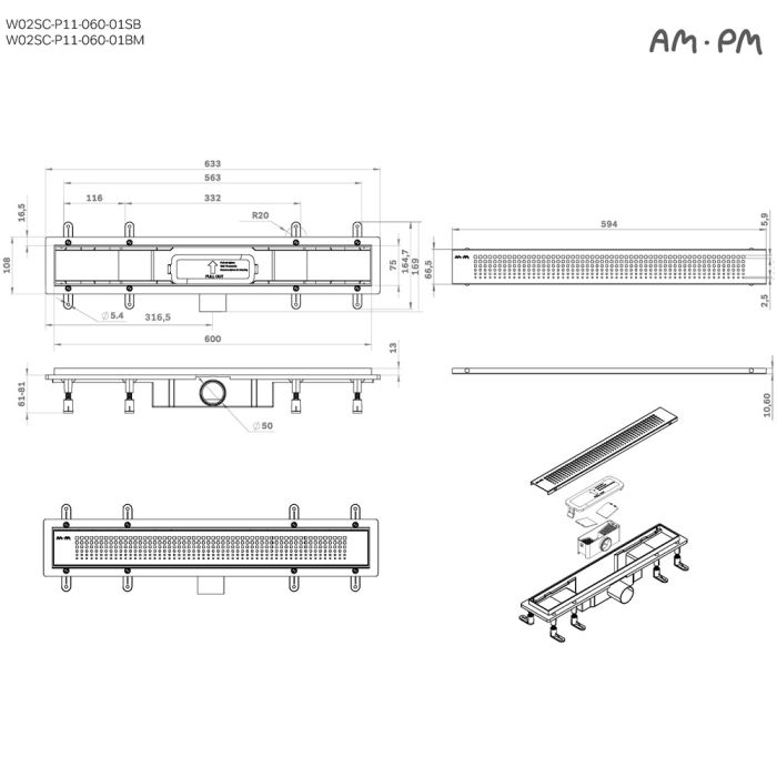 W02SC-P11-060-01BM PrimeFlow Трап для душа линейный универс затвор Cut Gradient 60см цвет черн мат