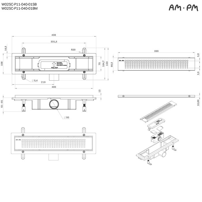 W02SC-P11-040-01SB PrimeFlow Трап для душа линейный универс затвор Cut Gradient 40см цвет сталь мат