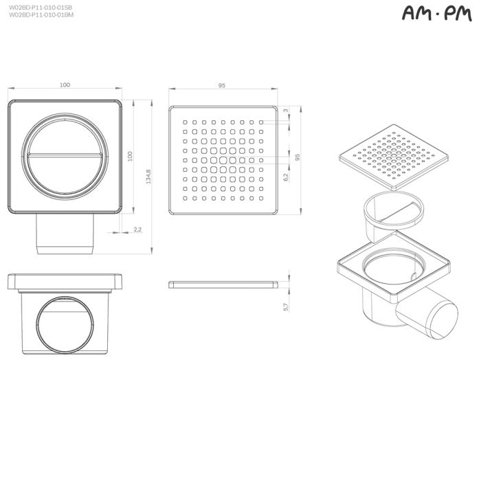 W02BD-P11-010-01SB PrimeFlow Трап для душа точечный мокрый затвор Cut Gradient 10см цвет сталь мат