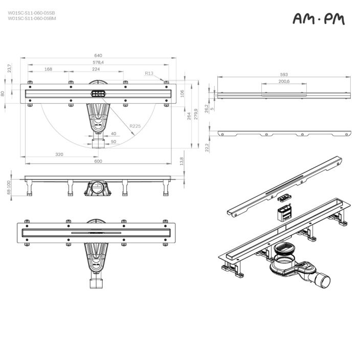 W01SC-S11-060-05SB MasterFlow Трап для душа линейный универс затвор Slim line 60см цвет сталь мат